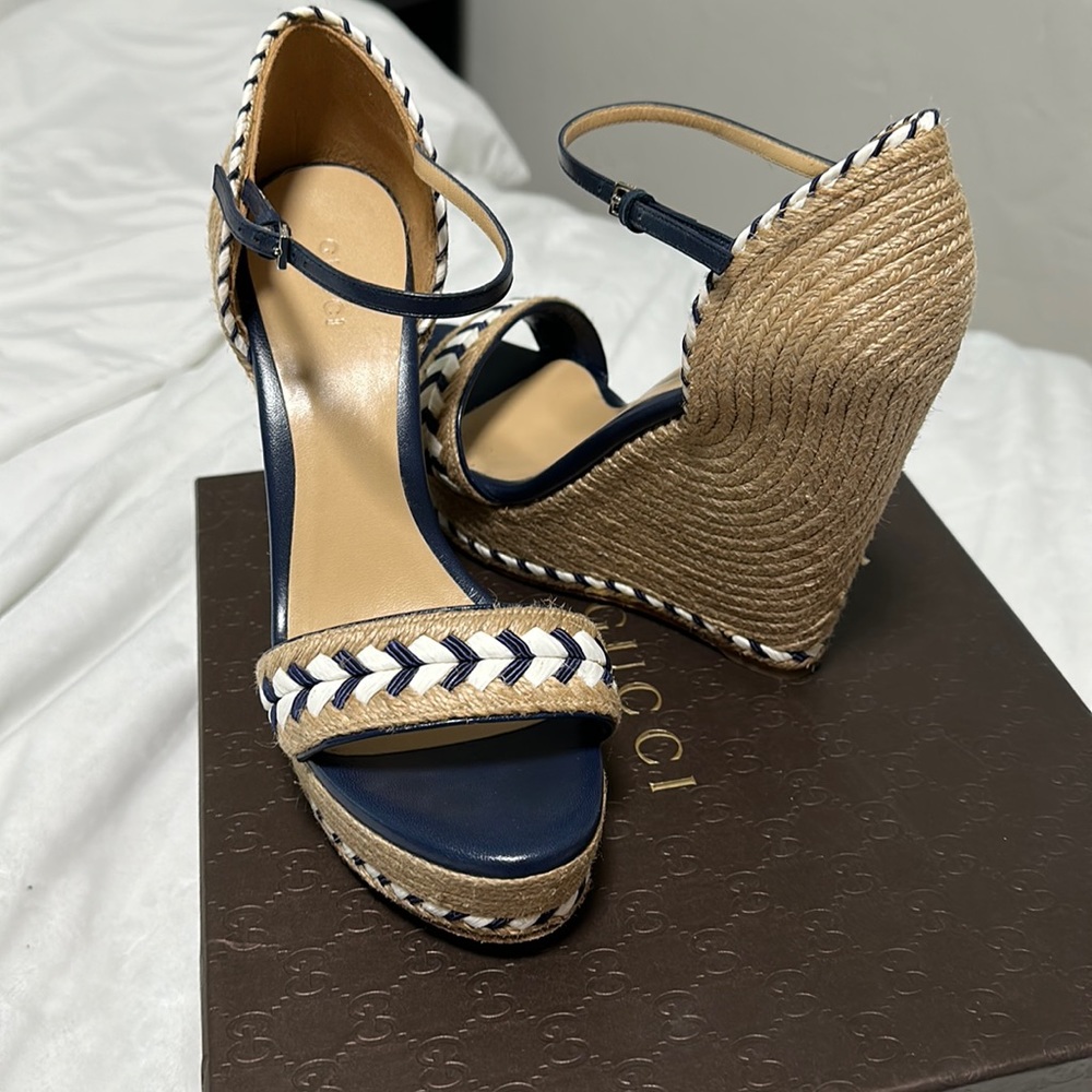 Gucci Navy Blue and Natural Espadrille Wedge Sandals